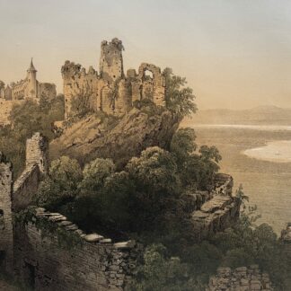 Antique lithograph circa 1864 depicting Allinges Castle ruins and chapel overlooking the Lake Geneva region near Thonon
