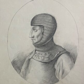 Huno fils de Sance représenté de profil en armure dans un médaillon dessiné au graphite vers 1850.