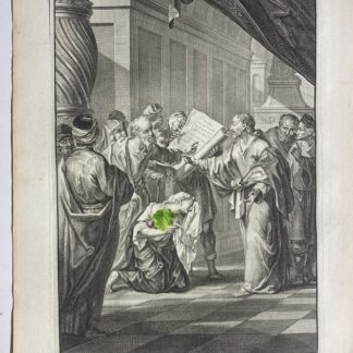 Jésus-Christ entouré des accusateurs de la femme surprise en adultère gravure de 1728 par Blyswyk d’après Houbraken.