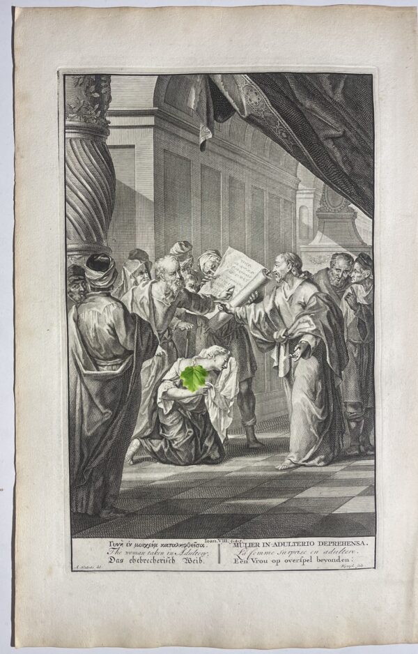 Jésus Christ et La femme surprise en adultère gravure par Blyswyk 1728