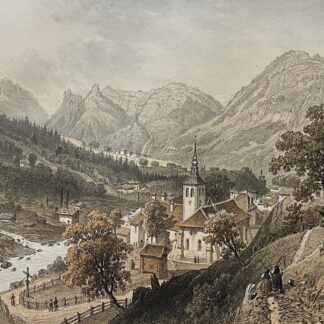 Antique lithograph of Sixt valley and abbey in Haute-Savoie with village buildings a watercourse and surrounding Alpine mountains