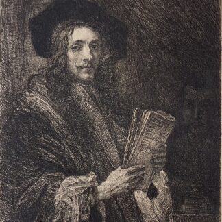 Nineteenth-century etching by W Unger reproducing a Rembrandt portrait of a man holding papers