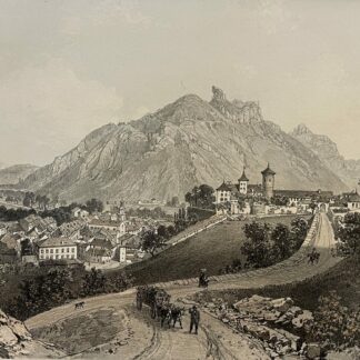 Antique lithograph of Faverges in Haute-Savoie France showing the town and château against an Alpine landscape with figures and horse-drawn vehicles