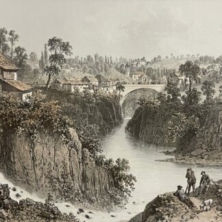 Alby-sur-Chéran lithograph showing the stone bridge over the river gorge and village houses in Haute-Savoie France