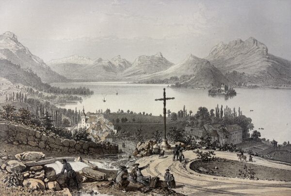 Lake Annecy Talloires Duingt France 1864 Antique Lithograph Félix Benoist Alps