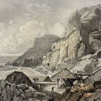 La Balme-de-Thuy c1864 Waterfall and Cave Antique Lithograph Thones France