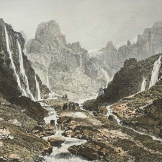Antique lithograph showing Fond de la Combe with waterfalls rocky cliffs and Mont Ruan in the Sixt valley French Alps
