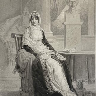 Antique engraving circa 1840 depicting Letizia Bonaparte mother of Napoleon seated in an elegant interior