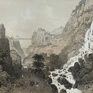 Antique lithograph circa 1864 showing Cruseilles Bridge above La Caille gorge with rocky cliffs and thermal baths buildings