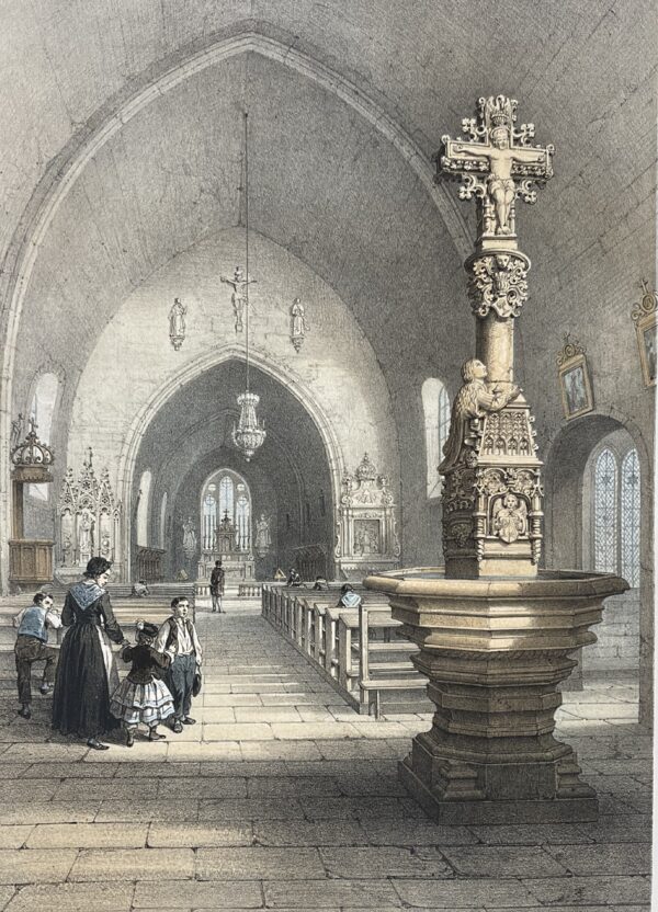 Antique Cluses Church Holy Water Font Lithograph France 1864 Haute-Savoie