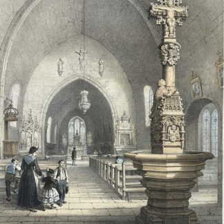 Cluses church interior with an ornate carved holy water font in the foreground and figures beneath the arches in a lithograph circa 1864