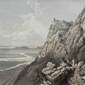 Pas de l'Echelle on Mont Saleve with figures on a steep rocky path overlooking the plain towards Geneva in a lithograph circa 1864