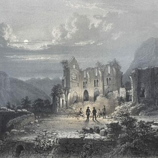 Aulps Abbey ruins in Haute Savoie France depicted in an 1864 lithograph with an Alpine mountain landscape