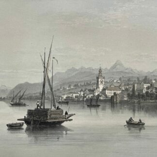 Evian lithograph from 1864 showing sailing boats on Lake Geneva with the waterfront and mountains in the background.