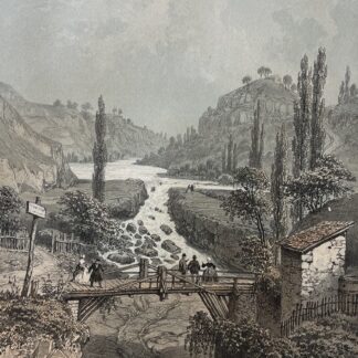 Antique lithograph circa 1864 showing the Perte du Rhone rocky river passage near Bellegarde France