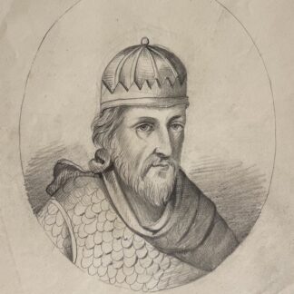 Louis III d’Anjou représenté en buste dans un médaillon au graphite sur un dessin du XIXe siècle.