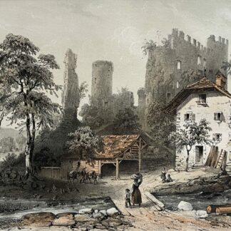 Antique lithograph circa 1864 showing Chateau de la Rochette ruins with rural buildings trees and figures at Lully near Thonon