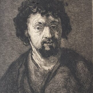 Antique engraving by Charles Courtry reproducing a Rembrandt portrait of a man with curly hair and a moustache
