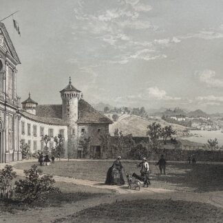 1864 lithograph depicting Thonon and Ripaille Castle in Haute-Savoie France near Lake Geneva