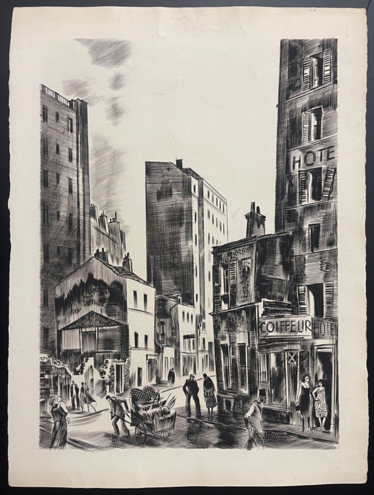 Paris rue animée par Albert Decaris 1949 gravure au burin France – Image 4