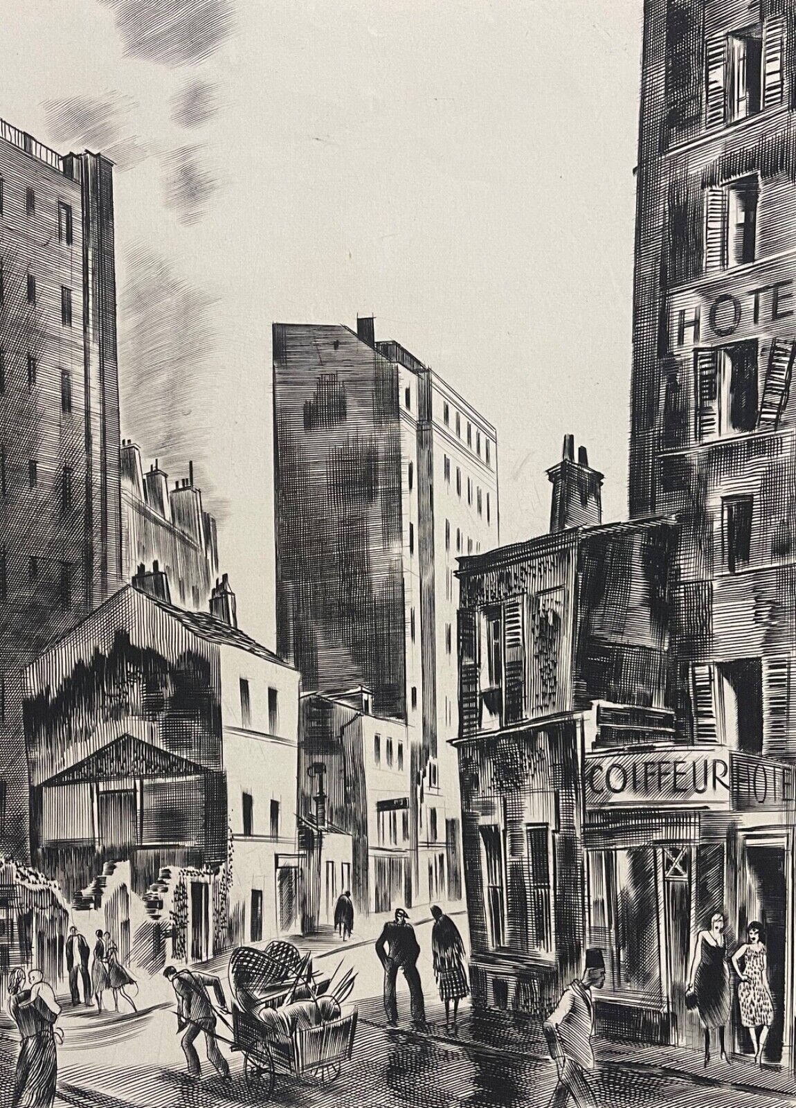 Paris rue animée par Albert Decaris 1949 gravure au burin France