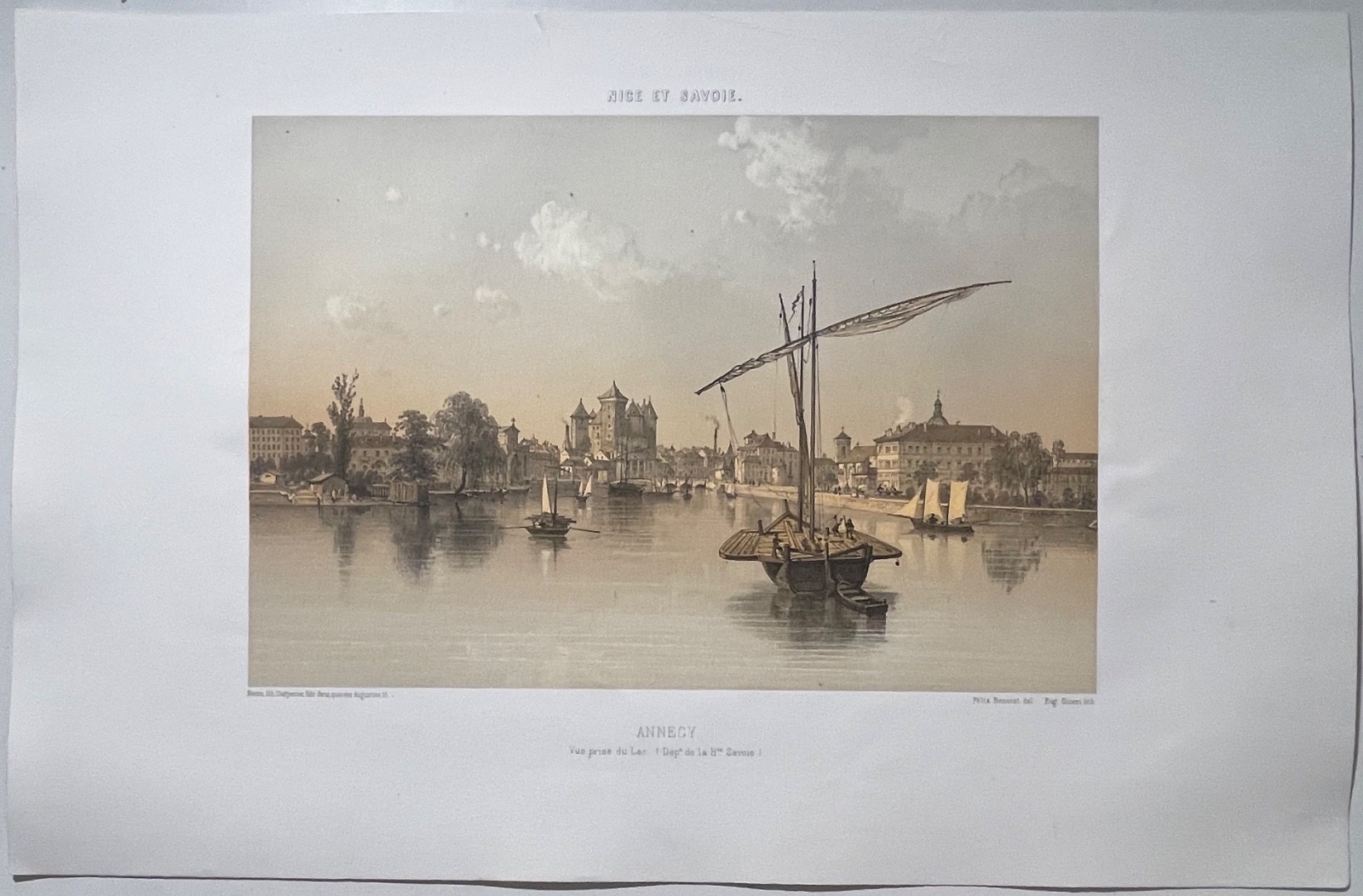 Annecy Lac Vue Générale 1864 Lithographie Félix Benoist Savoie Bateaux Alpes – Image 2