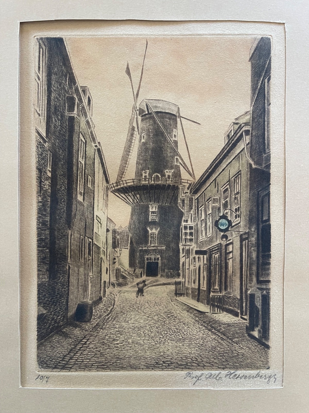 Delft Le Moulin Vert moulin pointe sèche signée Alb Hessenberg Pays-Bas c 1930 – Image 2
