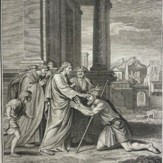 Jésus-Christ guérissant un aveugle agenouillé devant lui gravure vers 1728 par Surugue d’après Bernard Picart.