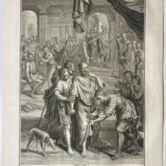 Gravure de 1728 d’après Hoet montrant les serviteurs du roi David humiliés par Hanun dans un palais entourés de soldats et de courtisans.