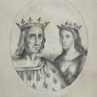 Charles Ier d’Anjou et Béatrice de Provence couronnés dans un double portrait en médaillon au graphite vers 1850.
