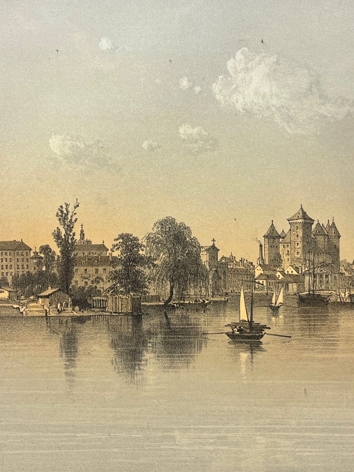 Annecy Lac Vue Générale 1864 Lithographie Félix Benoist Savoie Bateaux Alpes – Image 3