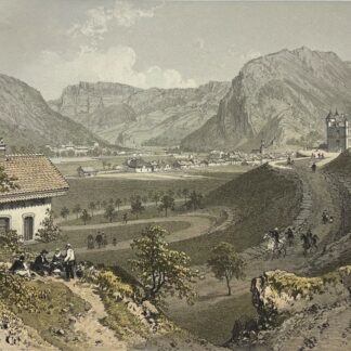 1864 lithograph of Thones and the Fier Valley in Haute Savoie France showing mountain scenery with houses and figures along a winding road.Valley in Haute Savoie France showing mountain scenery with houses and figures along a winding road.