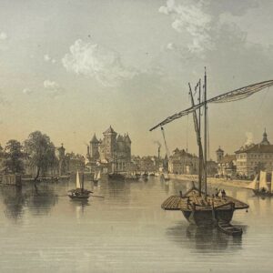 Annecy Lac Vue Générale 1864 Lithographie Félix Benoist Savoie Bateaux Alpes