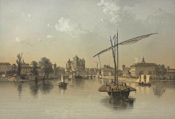 Annecy Lac Vue Générale 1864 Lithographie Félix Benoist Savoie Bateaux Alpes