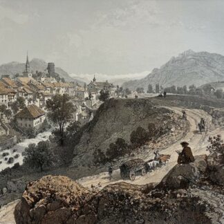 1864 lithograph of La Roche in Haute-Savoie France showing the town beside a river with a horse-drawn cart on a winding road and mountains beyond.