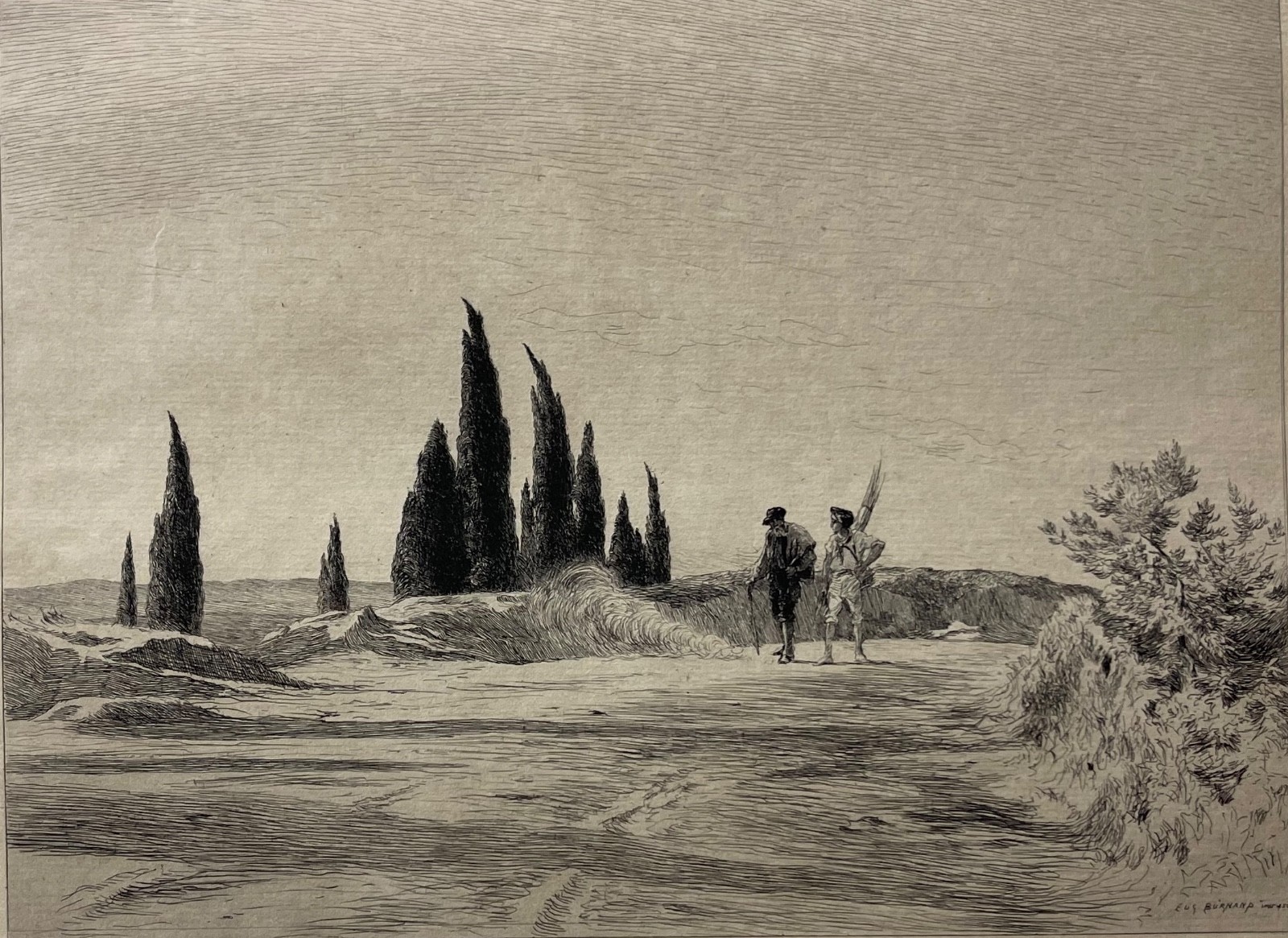 Deux vanniers dans la campagne de Provence pointe sèche de Burnand 1884 France