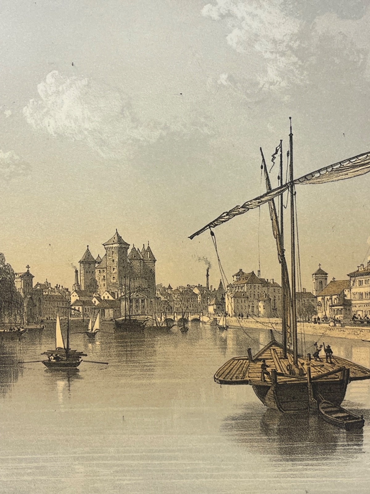 Annecy Lac Vue Générale 1864 Lithographie Félix Benoist Savoie Bateaux Alpes – Image 4