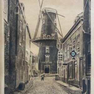 Delft Le Moulin Vert moulin pointe sèche signée Alb Hessenberg Pays-Bas c 1930
