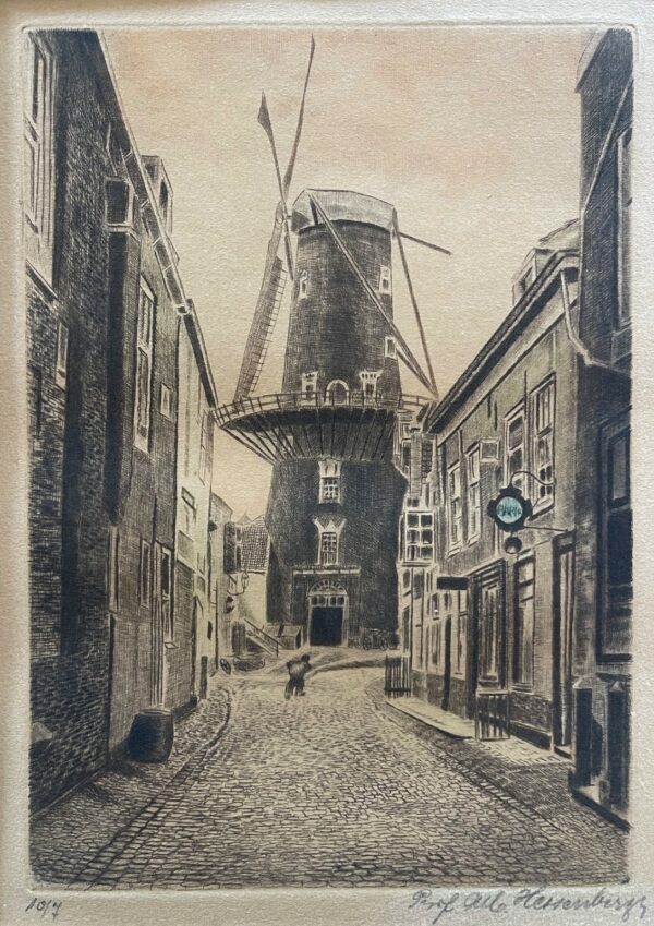 Delft Le Moulin Vert moulin pointe sèche signée Alb Hessenberg Pays-Bas c 1930