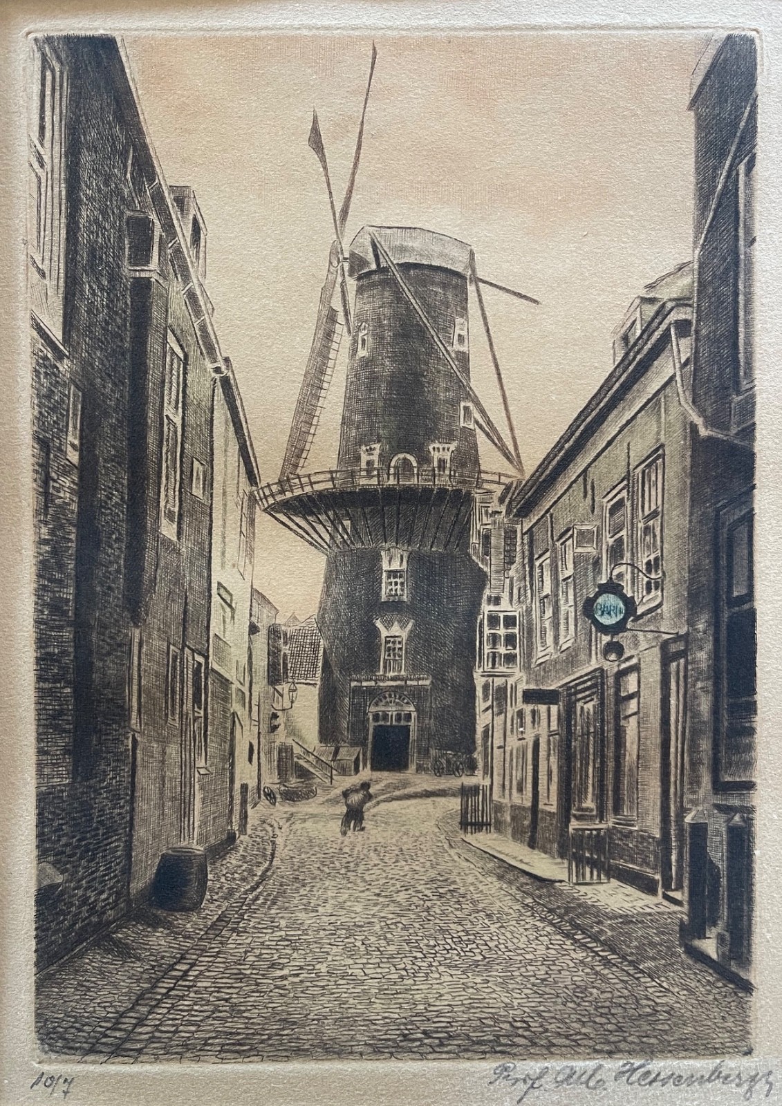 Delft Le Moulin Vert moulin pointe sèche signée Alb Hessenberg Pays-Bas c 1930