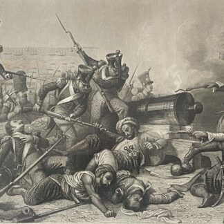 Capture of Algiers in 1830 showing French soldiers and Algerian fighters around a cannon in a nineteenth-century engraving