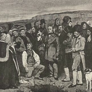 Wood engraving by Bellenger dated 1881 depicting Gustave Courbet’s A Burial at Ornans with mourners gathered for a rural funeral
