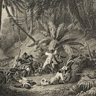 Antique engraving depicting the Battle of Ravine à Couleuvres in Haiti with combatants surrounded by tropical vegetation