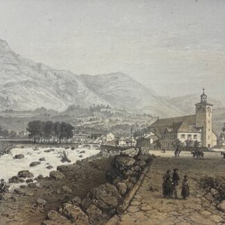 1864 lithograph of Taninges in Haute Savoie France showing the village church beside a rocky river with figures and riders beneath Alpine mountains.