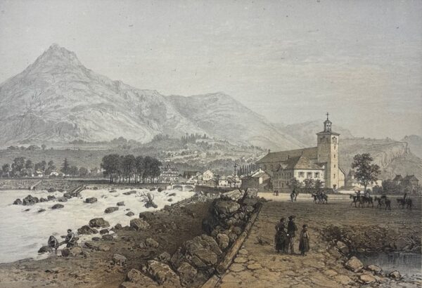 Taninges Haute-Savoie lithographie de 1864 d'après Fernand Benoit France Alpes