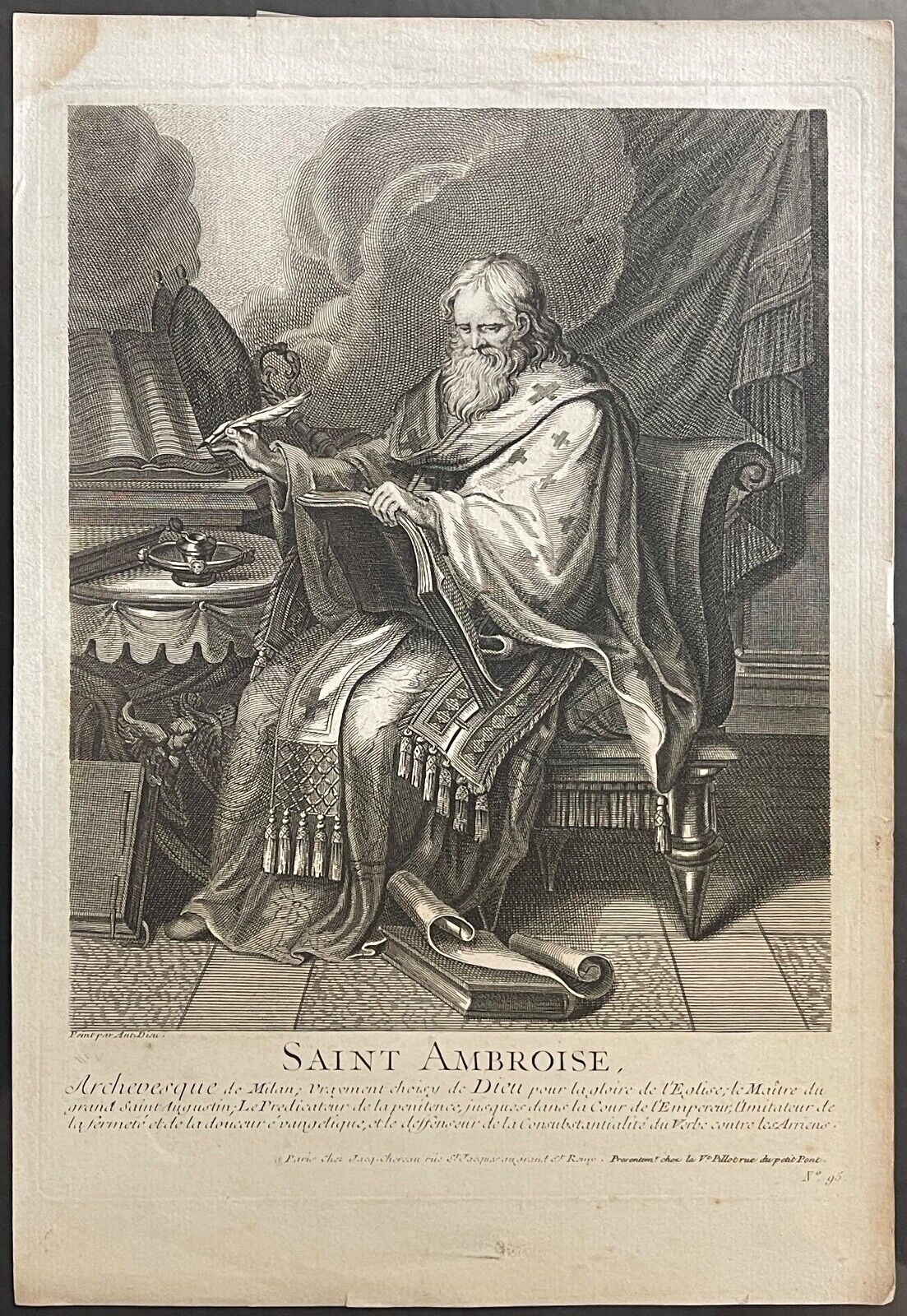 Saint Ambroise évêque de Milan (339-397) Gravure ancienne vers 1710