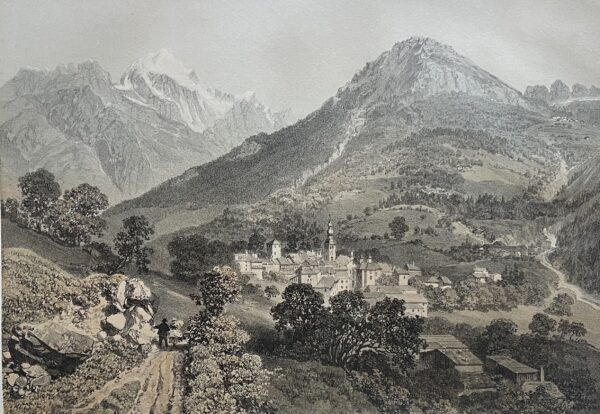 Antique French Lithograph Bozel, Savoie Alpine Village Landscape 1864 Alpes