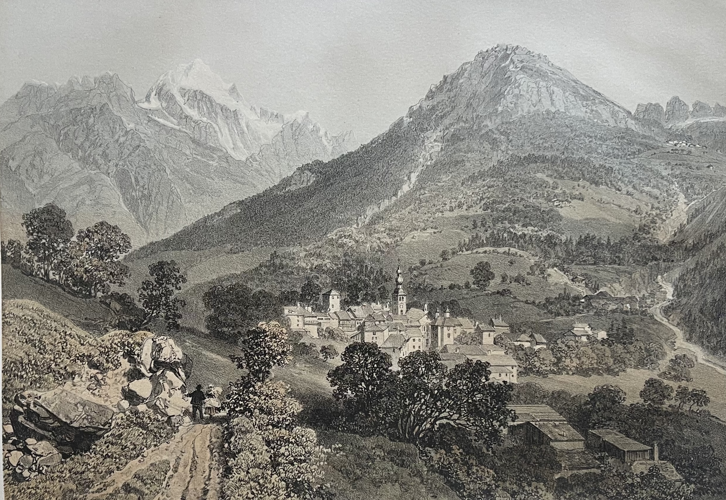 Antique French Lithograph Bozel, Savoie Alpine Village Landscape 1864 Alpes