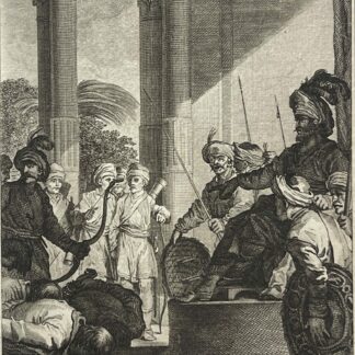Antique engraving circa 1780 depicting English representatives asking Emperor Aurangzeb for pardon at the Mughal court in India.