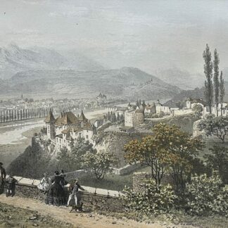 Albertville and Conflans in Savoie France with foreground figures and a broad valley beneath Alpine mountains in a lithograph circa 1864